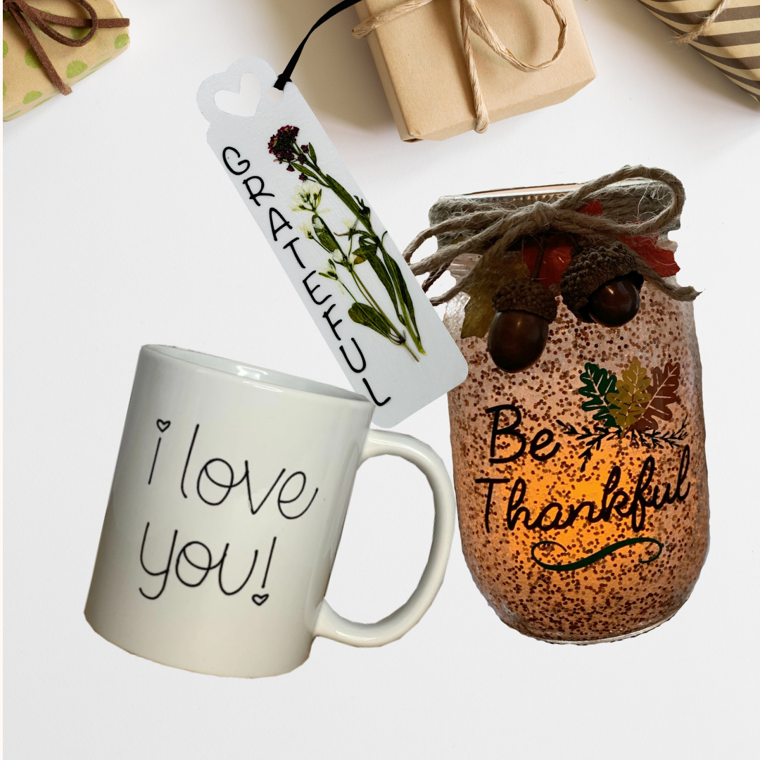 Gratitude Bundle: "Be Thankful" Mason Jar Candle Holder, Motivational Mug, Motivational Bookmark