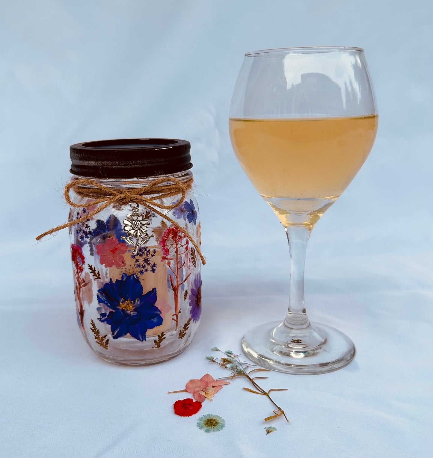 Blooming Glow Jar Votive Candle Holder with Dried Pressed Flowers and Affirmation Card