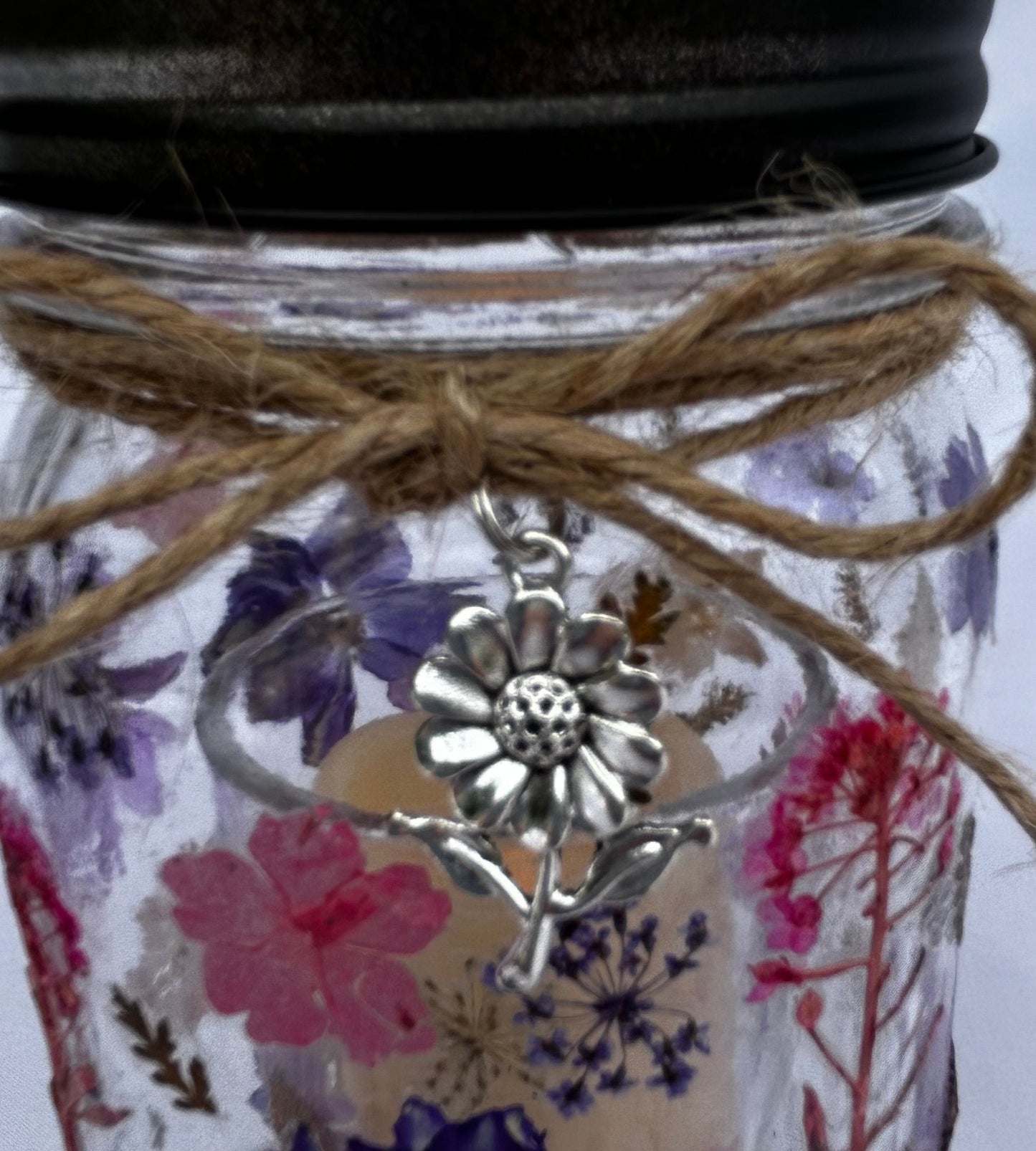 Blooming Glow Jar Votive Candle Holder with Dried Pressed Flowers and Affirmation Card