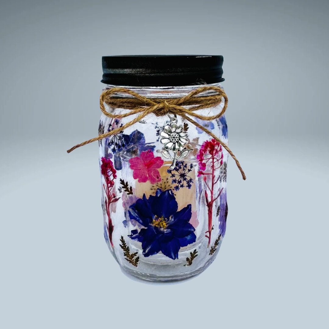 Blooming Glow Jar Votive Candle Holder with Dried Pressed Flowers and Affirmation Card