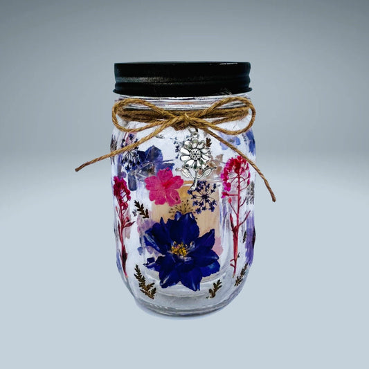 Blooming Glow Jar Votive Candle Holder with Dried Pressed Flowers and Affirmation Card