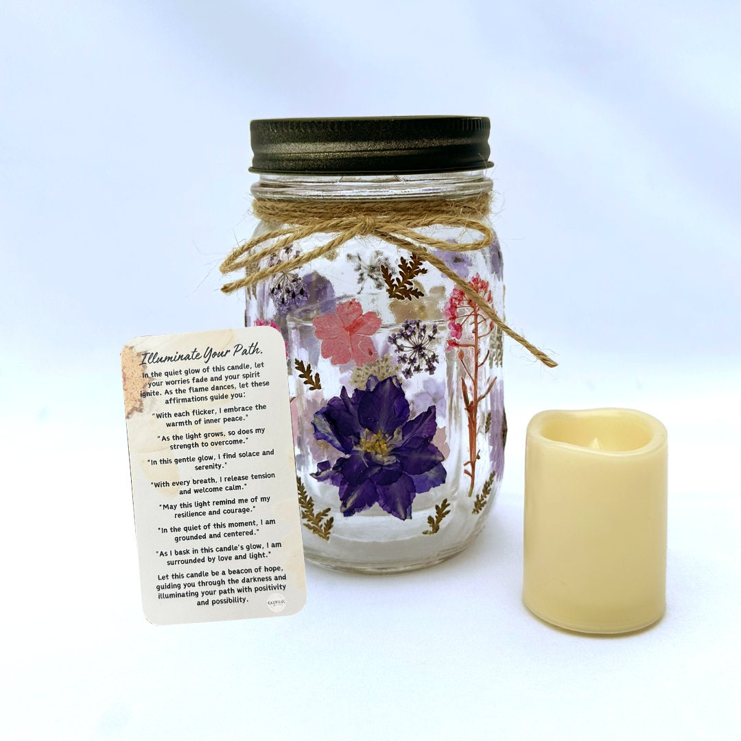 Blooming Glow Jar Votive Candle Holder with Dried Pressed Flowers and Affirmation Card