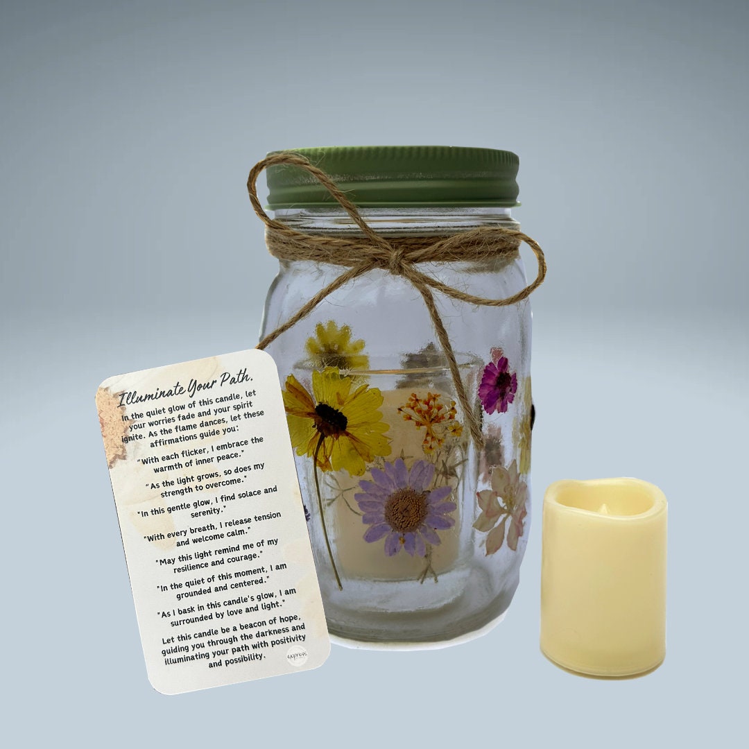 Lavender and Yellow Dried Flowers Blooming Glow Jar Votive Candle Holder