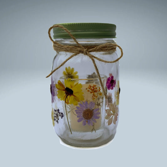 Lavender and Yellow Dried Flowers Blooming Glow Jar Votive Candle Holder